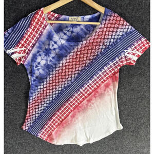 One World T-Shirt Women M Medium Blue Striped Short Sleeve Round Neck Casual